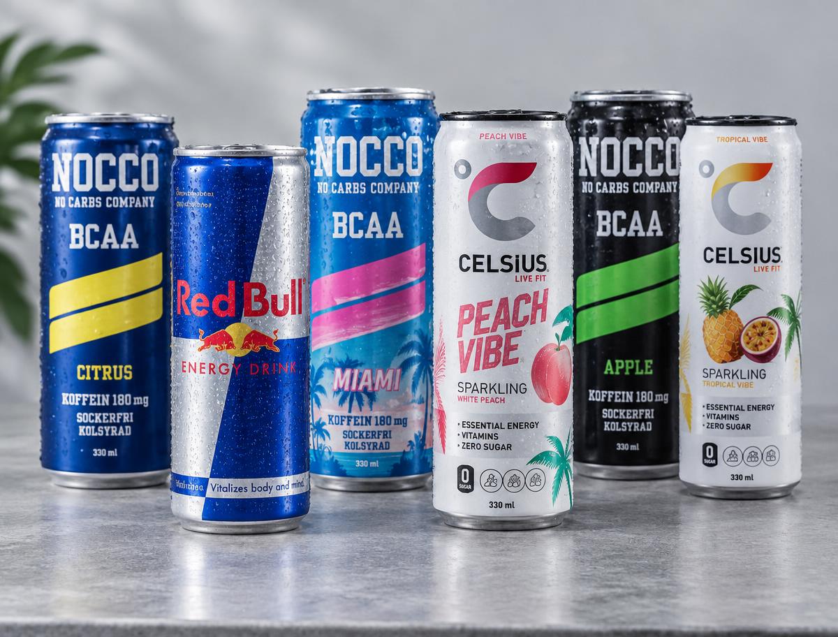 Energidrycker från Red Bull, NOCCO och Celsius