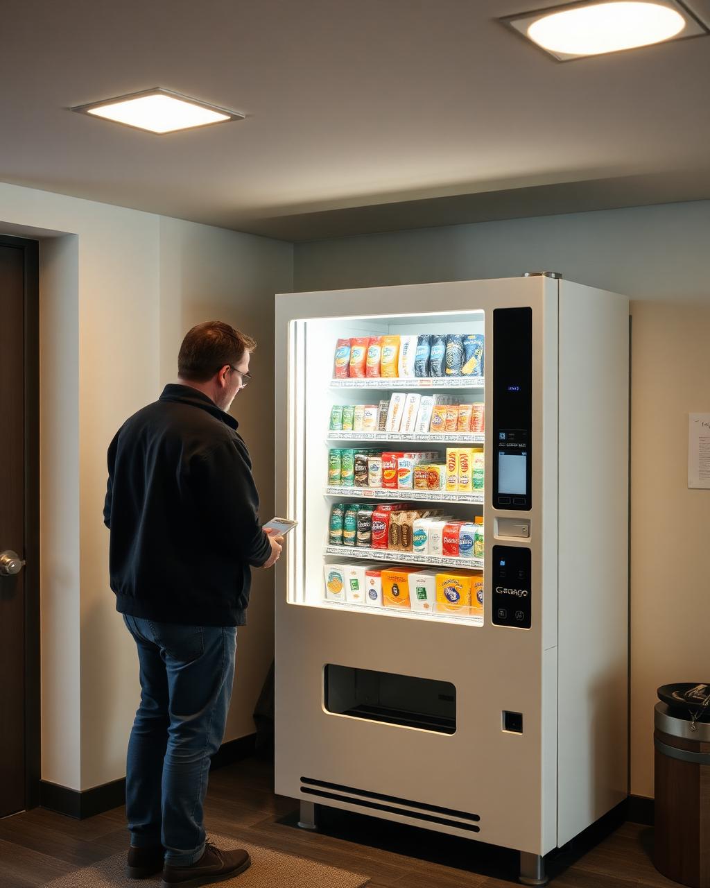Två personer fyller på en varuautomat i en ljus lokal
